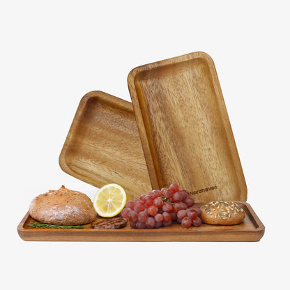 Norahaven Wooden Serving Trays 3-Piece Set - Made from a Single Solid Wood Piece, Non-Laminated