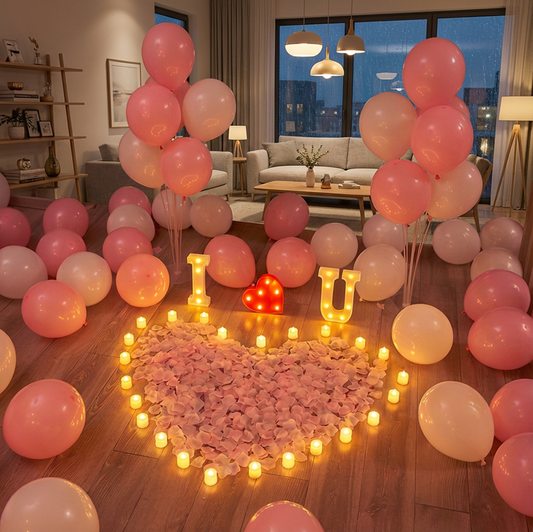 "I ❤ U" Surprise Proposal Decoration Kit - LED Marquee Signs, Heart-Shaped Petals & Balloon Set for Romantic Indoor Engagement Surprises