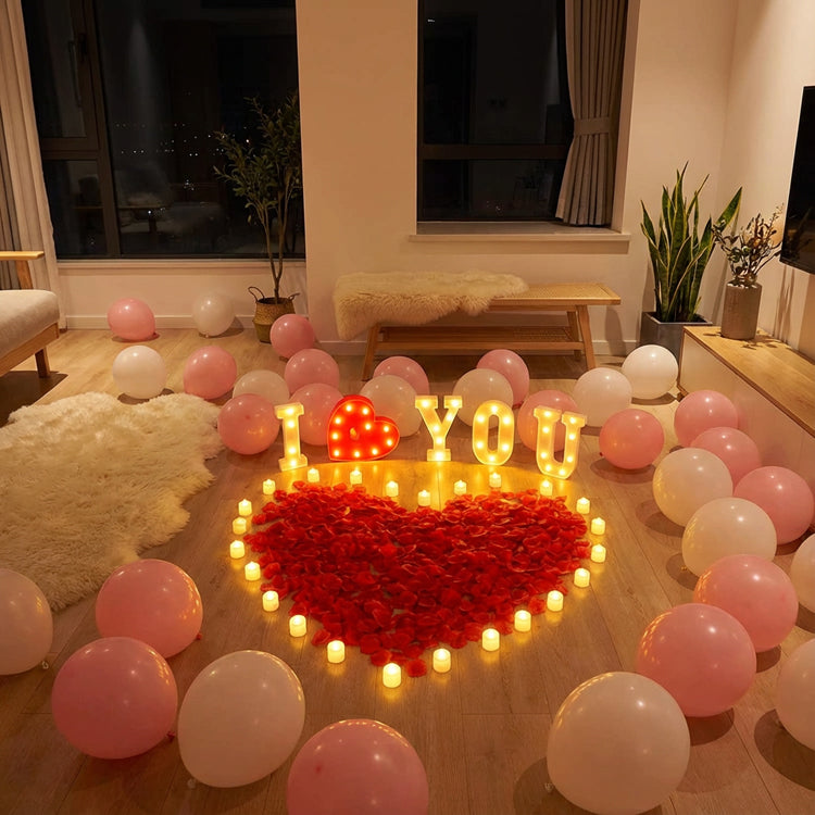 "I ❤ U" Surprise Proposal Decoration Kit - LED Marquee Signs, Heart-Shaped Petals & Balloon Set for Romantic Indoor Engagement Surprises