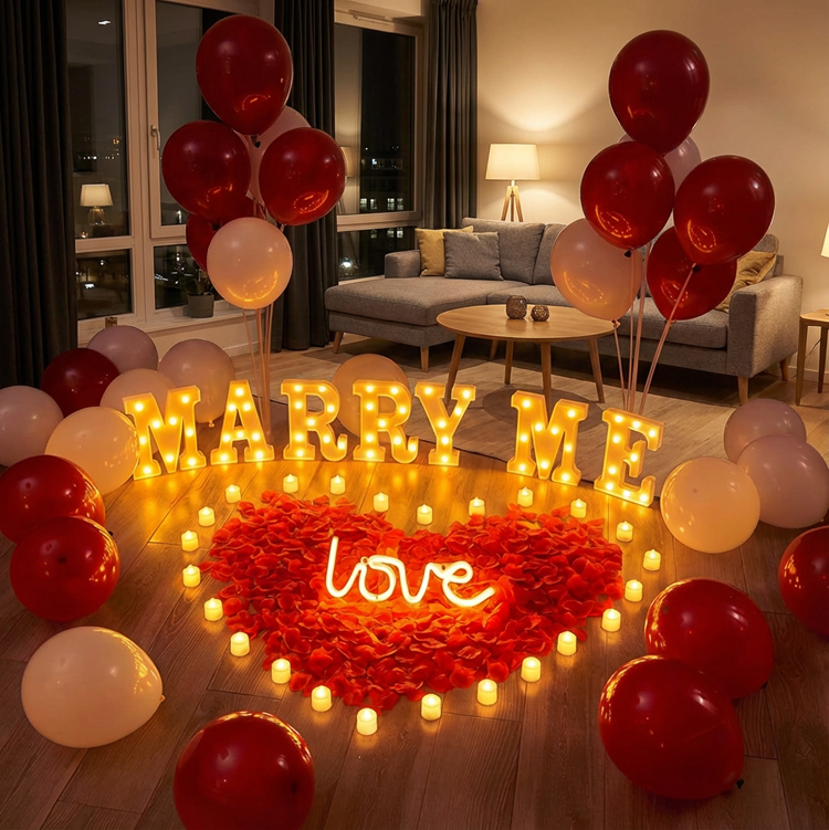 "Marry Me" Proposal Decoration Kit - LED Marquee Letters, Heart-Shaped Petals & Balloon Set for Indoor Engagement Surprises