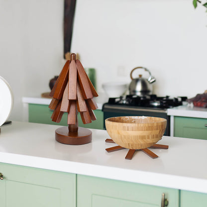 Beech Wood Trivet Set for Hot Dishes and Pots – 4 Three-Legged Coasters + 1 Holder