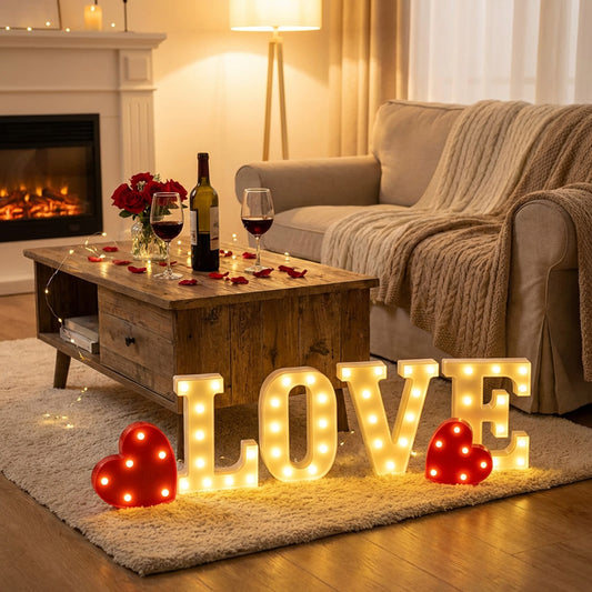 Marquee LOVE Letter Lights & Rose Petals Set - Warm LED Heart & Fairy Lights for Romantic Proposal