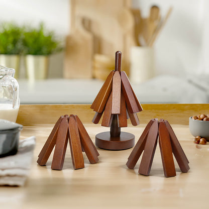 Beech Wood Trivet Set for Hot Dishes and Pots – 4 Three-Legged Coasters + 1 Holder