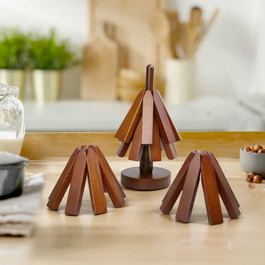 Beech Wood Trivet Set for Hot Dishes and Pots – 4 Three-Legged Coasters + 1 Holder