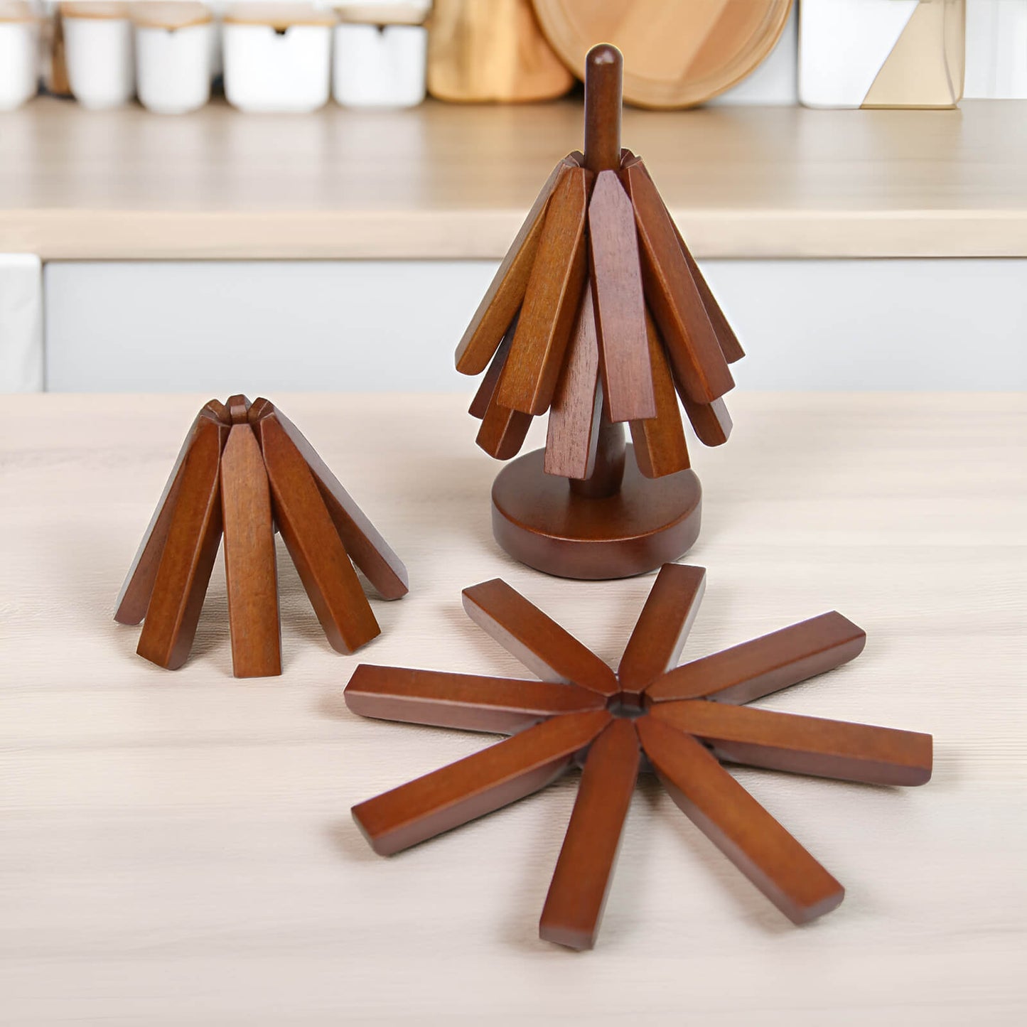 Beech Wood Trivet Set for Hot Dishes and Pots – 4 Three-Legged Coasters + 1 Holder