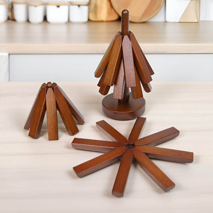 Beech Wood Trivet Set for Hot Dishes and Pots – 4 Three-Legged Coasters + 1 Holder