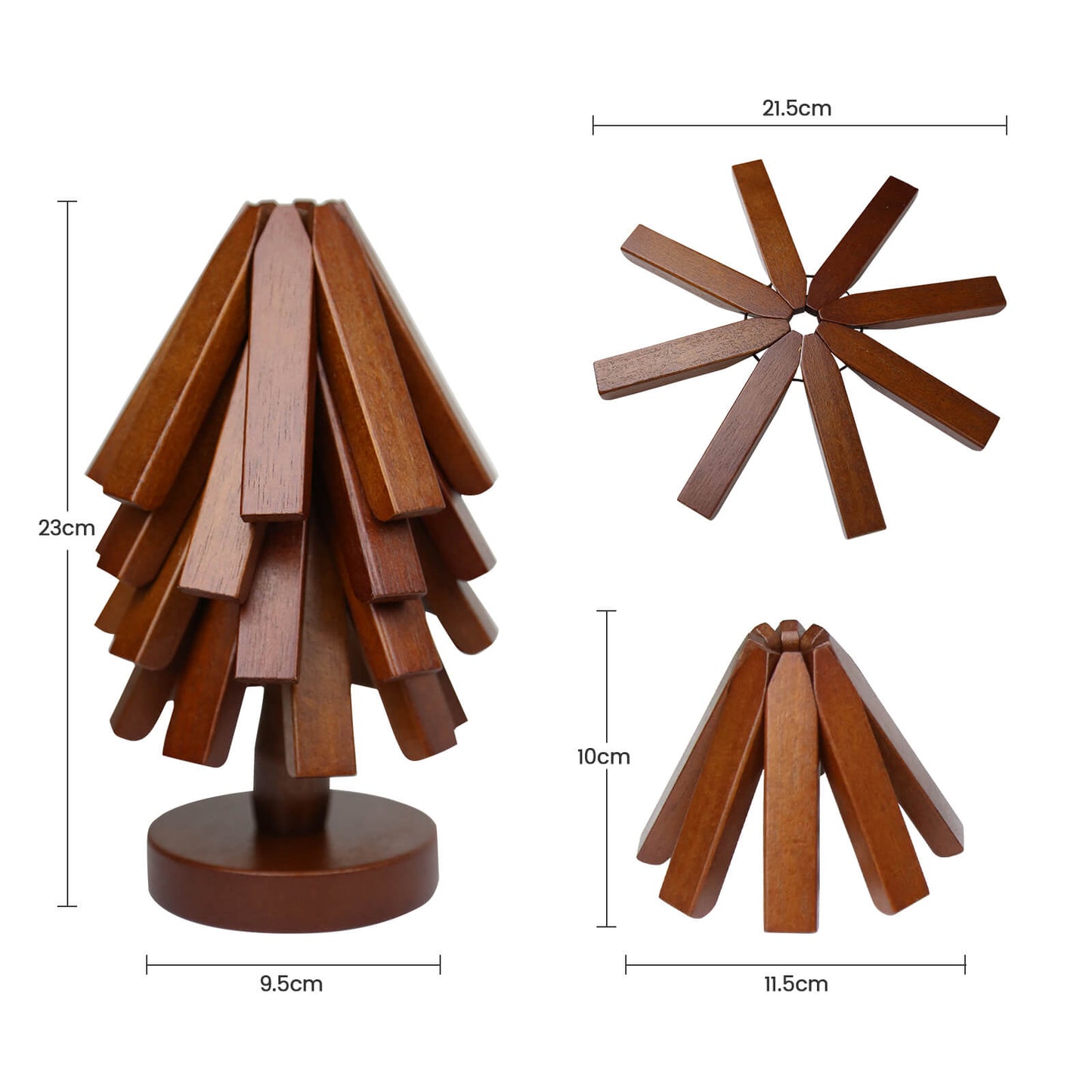 Beech Wood Trivet Set for Hot Dishes and Pots – 4 Three-Legged Coasters + 1 Holder