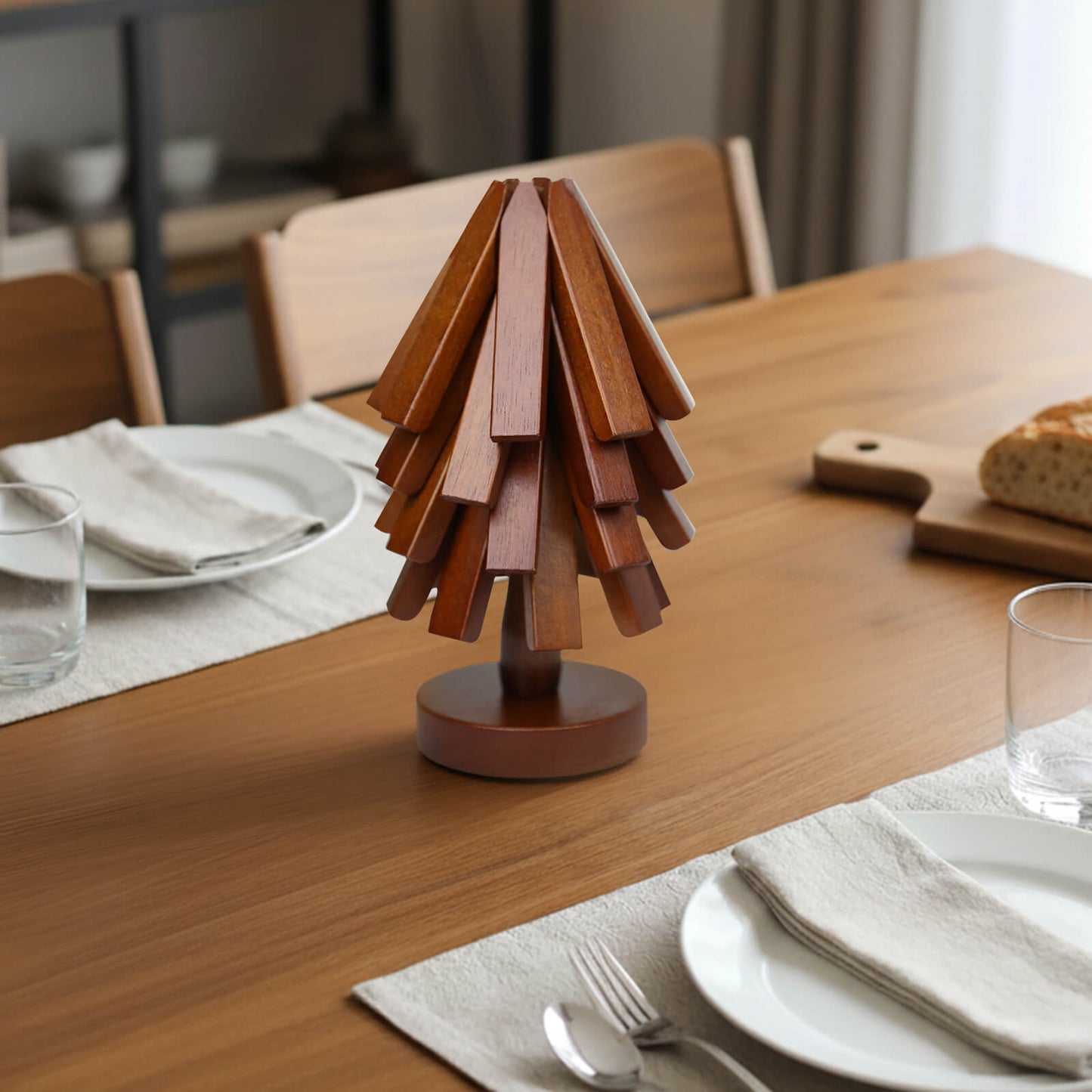 Beech Wood Trivet Set for Hot Dishes and Pots – 4 Three-Legged Coasters + 1 Holder