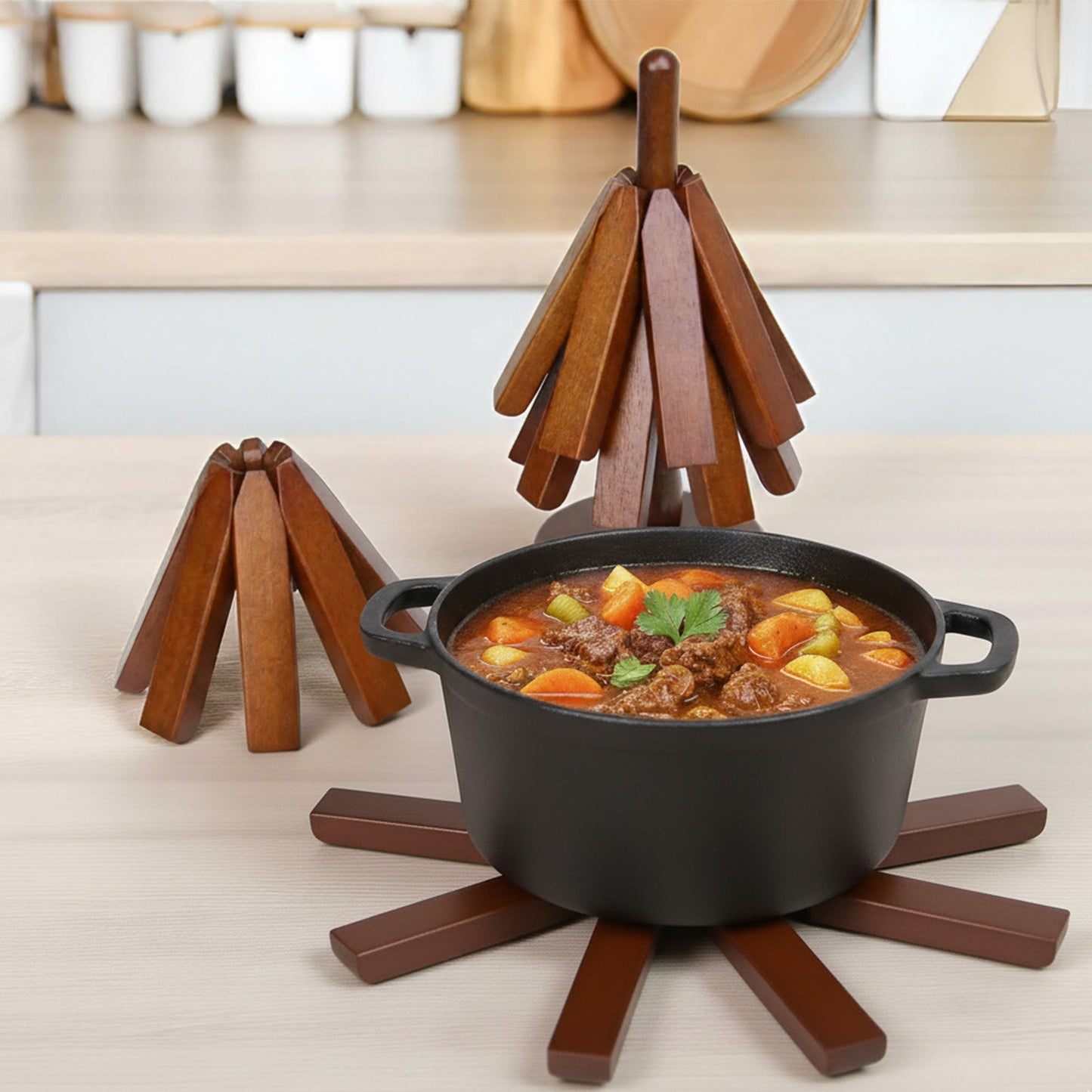 Beech Wood Trivet Set for Hot Dishes and Pots – 4 Three-Legged Coasters + 1 Holder