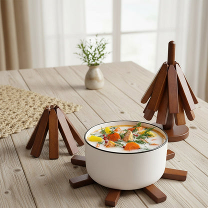 Beech Wood Trivet Set for Hot Dishes and Pots – 4 Three-Legged Coasters + 1 Holder