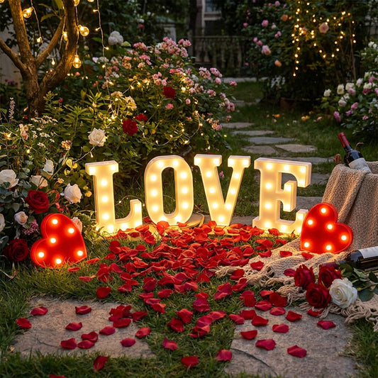 Marquee LOVE Letter Lights & Rose Petals Set - Warm LED Heart & Fairy Lights for Romantic Proposal