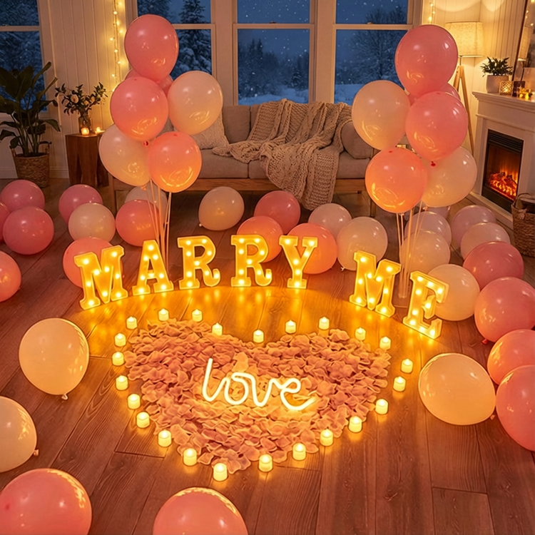 [CLEARANCE] "Marry Me" Proposal Decoration Kit - LED Marquee Letters, Heart-Shaped Petals & Balloon Set for Indoor Engagement Surprises