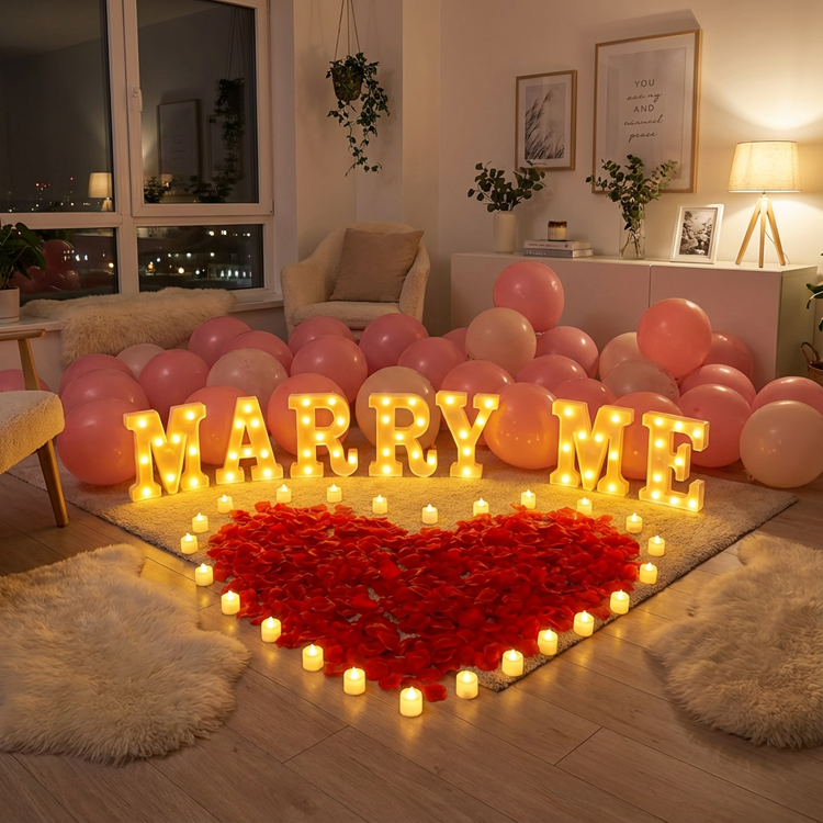 [CLEARANCE] "Marry Me" Proposal Decoration Kit - LED Marquee Letters, Heart-Shaped Petals & Balloon Set for Indoor Engagement Surprises