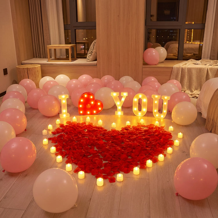 [CLEARANCE] "I ❤ U" Surprise Proposal Decoration Kit - LED Marquee Signs, Heart-Shaped Petals & Balloon Set for Romantic Indoor Engagement Surprises