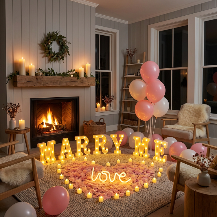 [CLEARANCE] "Marry Me" Proposal Decoration Kit - LED Marquee Letters, Heart-Shaped Petals & Balloon Set for Indoor Engagement Surprises