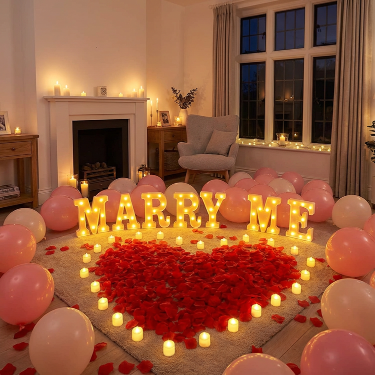 [CLEARANCE] "Marry Me" Proposal Decoration Kit - LED Marquee Letters, Heart-Shaped Petals & Balloon Set for Indoor Engagement Surprises