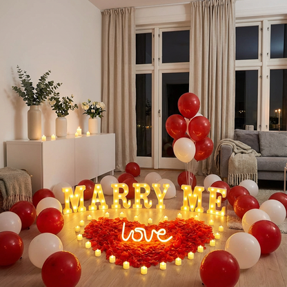 [CLEARANCE] "Marry Me" Proposal Decoration Kit - LED Marquee Letters, Heart-Shaped Petals & Balloon Set for Indoor Engagement Surprises