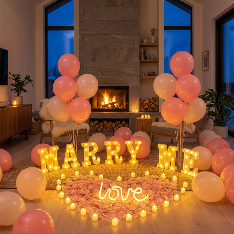 [CLEARANCE] "Marry Me" Proposal Decoration Kit - LED Marquee Letters, Heart-Shaped Petals & Balloon Set for Indoor Engagement Surprises