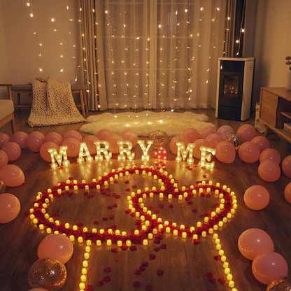 [CLEARANCE] "Marry Me" Proposal Decoration Kit - LED Marquee Letters, Heart-Shaped Petals & Balloon Set for Indoor Engagement Surprises