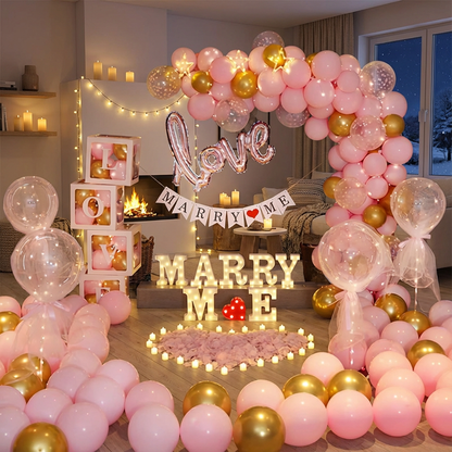 [CLEARANCE] "Marry Me" Proposal Decoration Kit - LED Marquee Letters, Heart-Shaped Petals & Balloon Set for Indoor Engagement Surprises
